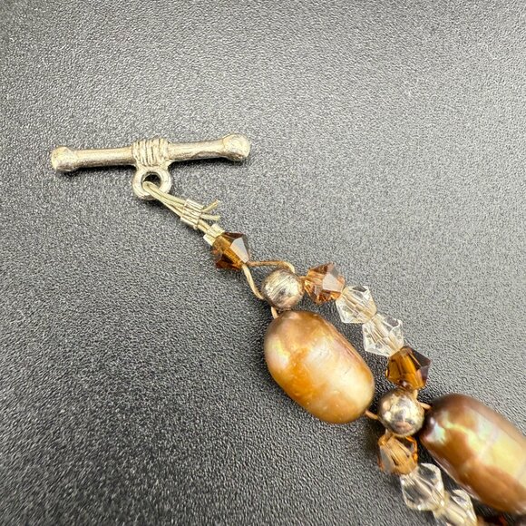 Freshwater Pearl & Crystal Double-Strand Toggle Bracelet With Metallic & Amber T - Picture 6 of 7